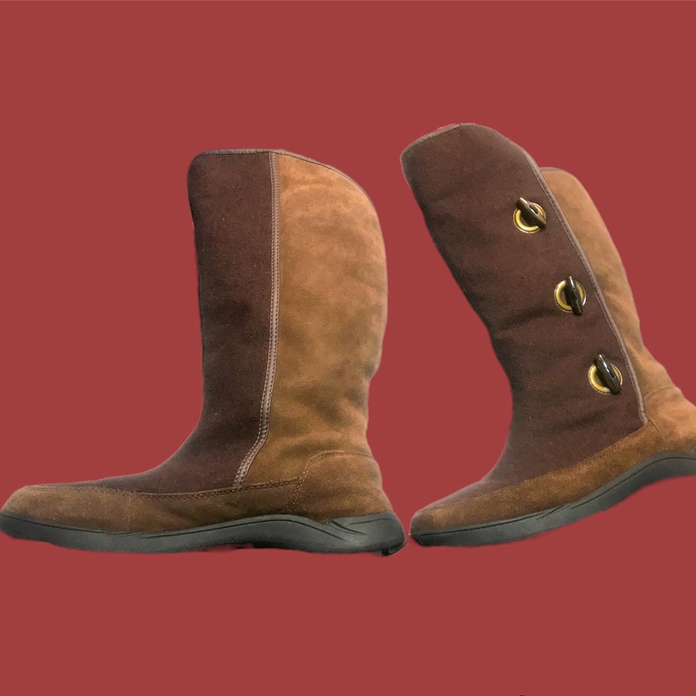 Lands’ End winter knee boots. Chocolate wool and suede upper.
